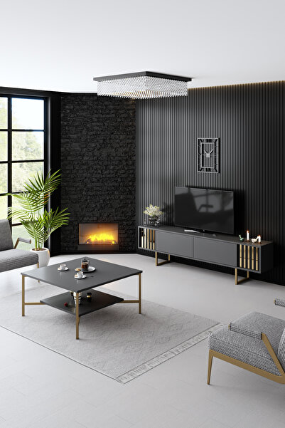 Modatte Gold Line Demir Ayaklı Antrasit Tv Sehpası