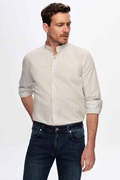 D'S Damat Bavlněná rozevlátá košile s límcem pro rozhodčí se zeleným slim Fit lněným vzhledem