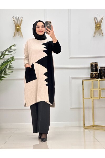 Enans Design Tricotaj de damă, tunică în două culori cu buzunare