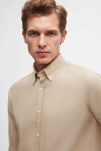 D'S Damat Beiges Slim Fit Sommerhemd - 100% Baumwolle, Knopfkragen, Flammen-Leinen-Optik
