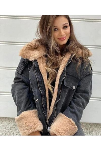 pembekurdelem Palton supradimensionat de damă din denim negru cu mâneci și blană maro în interior