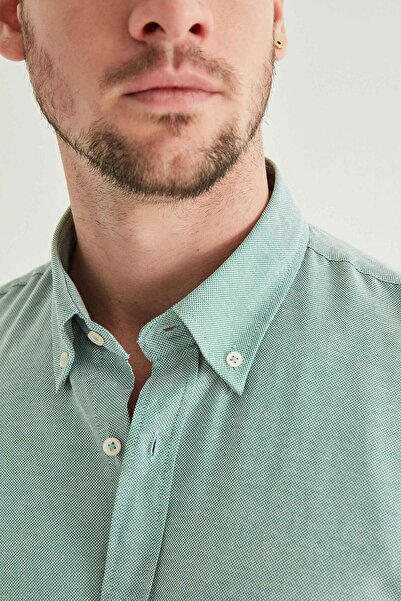 D'S Damat Slim Fit zöld Dobby gombos galléros pamut ing