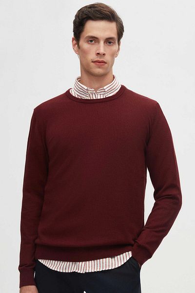 D'S Damat Burgunderroter, pillingfreier Strickpullover mit Rundhalsausschnitt und normaler Passform