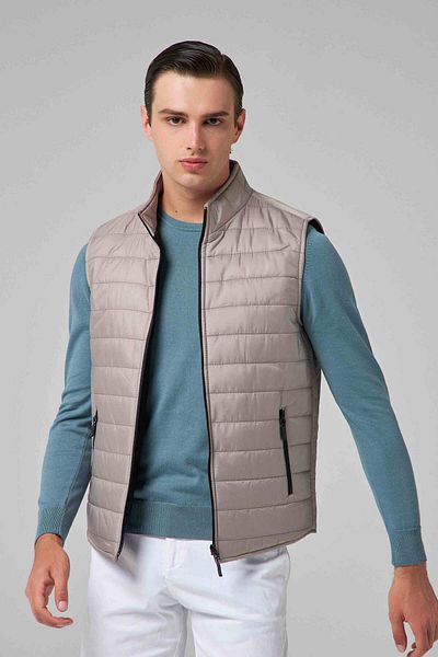 D'S Damat Gray Regular Fit Stand Collar Fiber Filled Zippered Seasonal Vest Coat