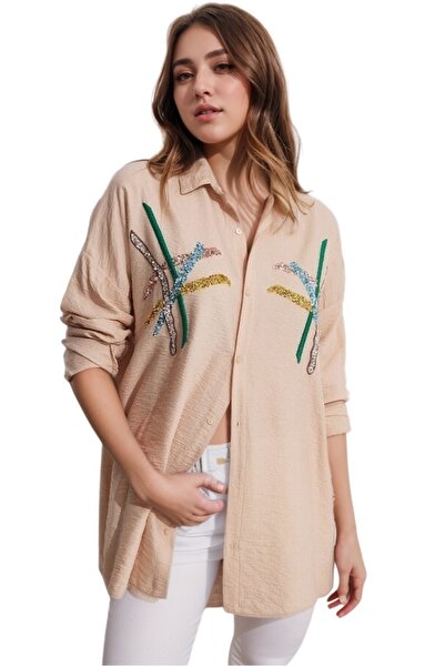 Cassime Λινά Κρεμ Μπεζ με σχέδιο Ayrobin - Γυναικείο πουκάμισο με κουμπιά
