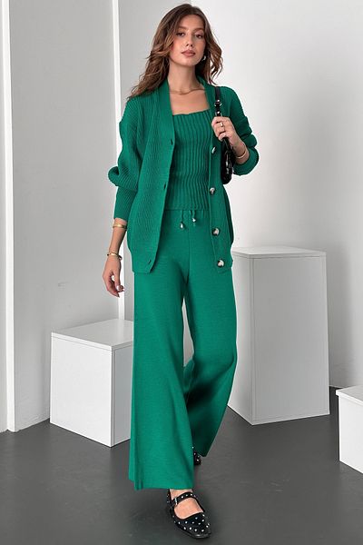 Fav Style Green Women's Knitwear Set - Thick Sling Blouse, Wide Leg Pants and Buttoned Cardigan Set of 3