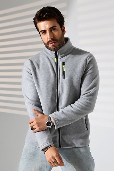 TİJA Men's Zippered Pocket, Anthrast Melange Fleece Cardigan, Jacket, Anti Pilling, Anti Pilling Fleece