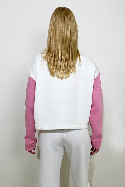 VAGGON Hanorac de damă, roz, cu guler vertical, cu jumătate de fermoar, color block