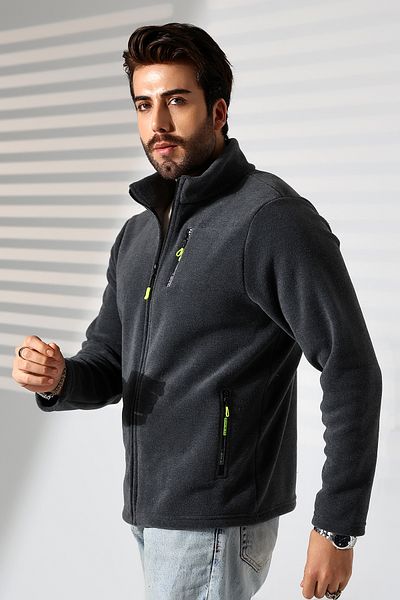 TİJA Men's Zippered Pocket, Anthrast Melange Fleece Cardigan, Jacket, Anti Pilling, Anti Pilling Fleece