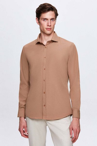 D'S Damat Slim Fit Καφέ Κλασικό Μακρύ Μανίκι Πουκάμισο Εύκολο στο Σιδέρωμα