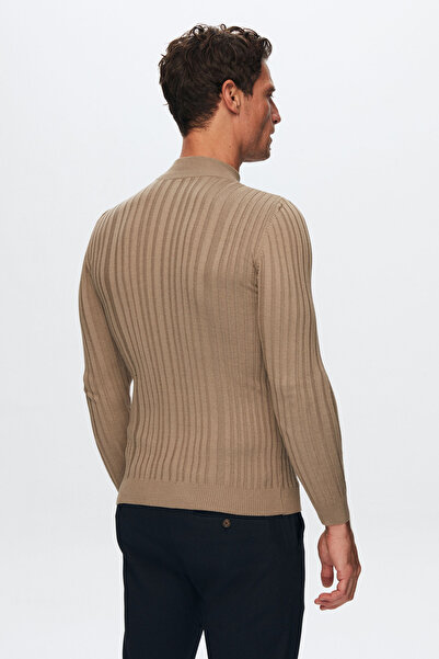 D'S Damat Beige Slim Fit Corded Cotton Blend Half Fisherman Body Wrap Knitwear Sweater