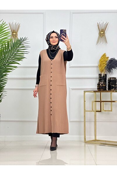 Enans Design Vestă de damă din tricotaj cu nervuri, vestă cu aspect de rochie...