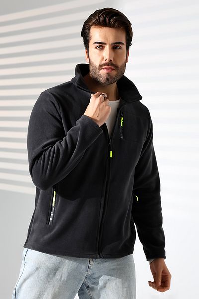 TİJA Men's Zippered Pocket, Anthrast Melange Fleece Cardigan, Jacket, Anti Pilling, Anti Pilling Fleece