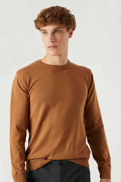 D'S Damat Pletený sveter Regular Fit Camel s nežmolkujúcim výstrihom