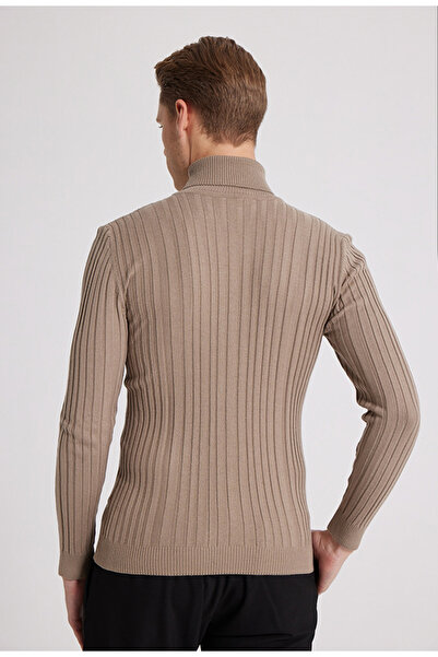 D'S Damat Beige Slim Fit Corded Cotton Turtleneck Knitwear Sweater