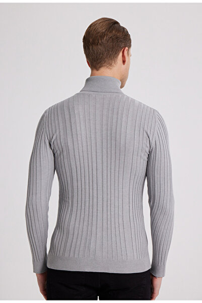 D'S Damat Ds Damat Slim Fit Gray Ribbed Cotton Blend High Neck Knitwear Sweater