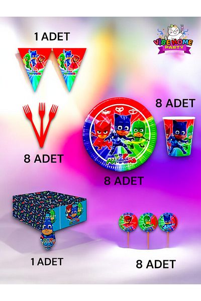 VibeHome Pijamask Themed Premium Set for 8 - Birthday Party and Fun Events