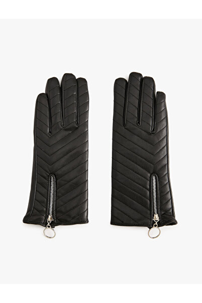 Koton Kapitone Eldiven Suni Deri Fermuar Detaylı