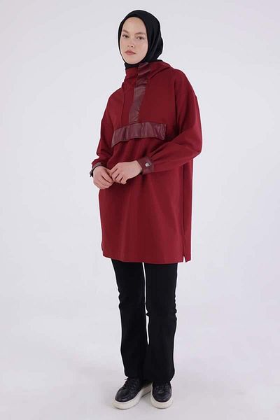 ALLDAY Burgundy-Leather Garnished Hooded Sweat Tunic
