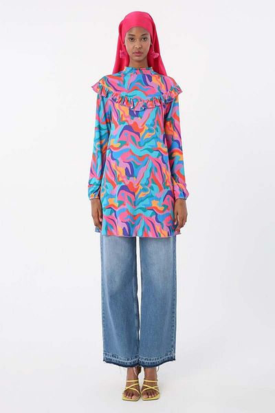 ALLDAY Turquoise-Pink-Robe Ruffle Print Printed Tunic
