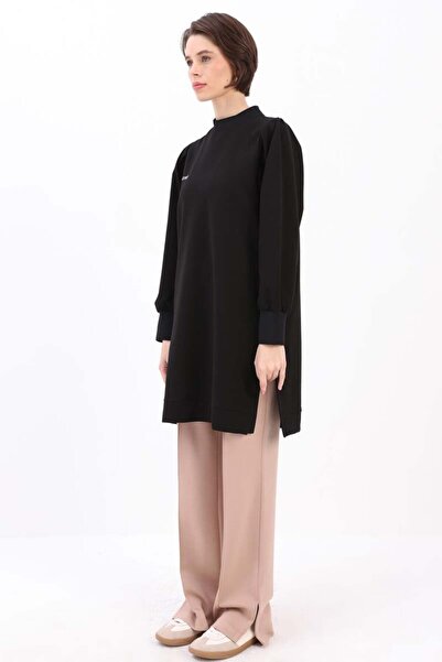 ALLDAY Siyah-TAŞ YAZILI KOLU PİLELİ YANI YIRTMAÇLI TUNİK