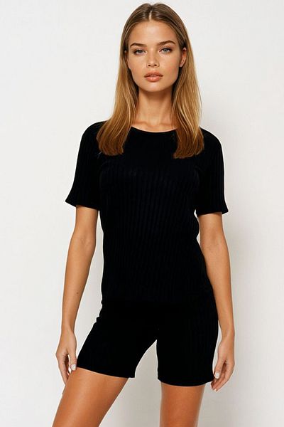 VAGGON Women's Black Crew Neck Shorts Double Suit Prmx11543