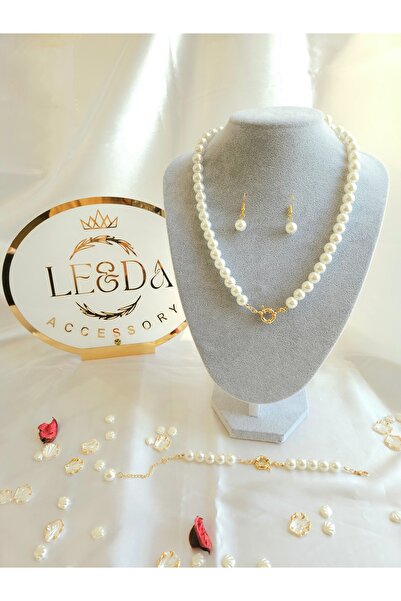 LE&DA Accessory İnci Gemici Kilit Set Üçlü 14 Ayar Altın Kaplama Gemici Kilit Sistemli Altın Takılabilen Set