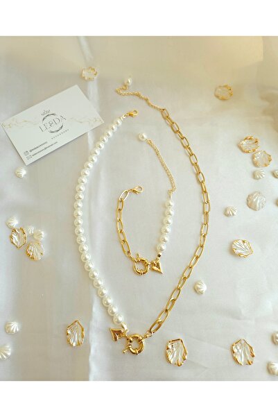 LE&DA Accessory İnci Gemici Kilit Set 14 Ayar Altın Kaplama Gemici Kilit Sistemli Altın Takılabilen Set