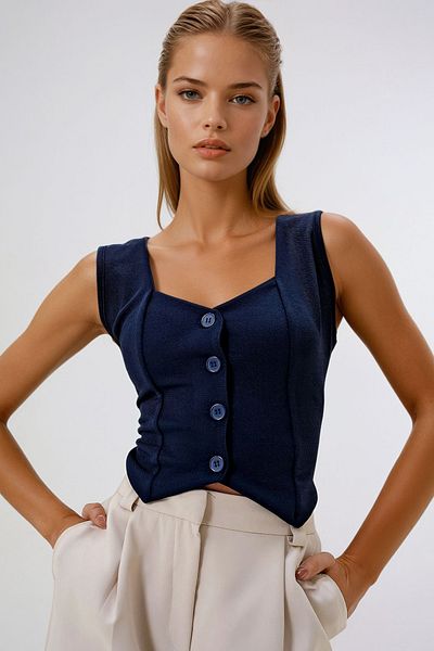 VAGGON Women's Navy Blue Sweetheart Collar Buttoned Crop Vest Vgn-X11053