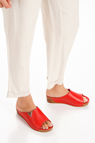 İLOLİCA Inner Outer 100% Genuine Leather Orthopedic V Buckle Sole Red Women's Slippers