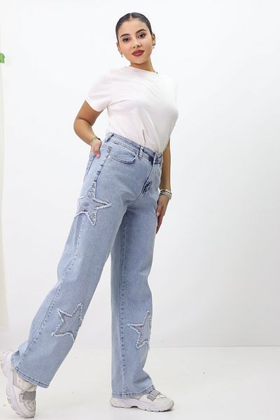 GZT TEKSTİL Pantaloni de damă cu talie înaltă, cu detaliu stea, blugi