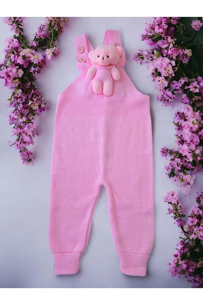 ZARİNA Buttoned Baby Kids Knitwear Salopet with Teddy Bear
