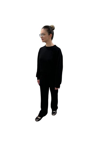 hot fashions طقم علوي نسائي أسود اللون مصنوع من القطن بنسبة 100% عالي الجودة - طقم بنطلون سويت مكون من قطعتين