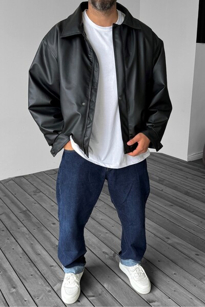 DOPPİO'N DENİM Чоловіча чорна вінтажна шкіряна куртка великого розміру