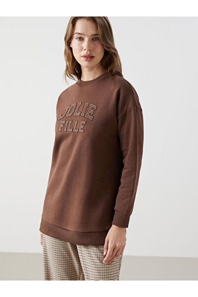 LC Waikiki Γυναικείο χοντρό φούτερ τουνίκ LCW Modest Brown Crew Neck Κέντημα