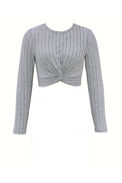 Wildco Stretchy Lycra - Γκρι μπλούζα με στρογγυλή λαιμόκοψη και λαιμόκοψη με μακριά μανίκια και στριφτή μπροστά
