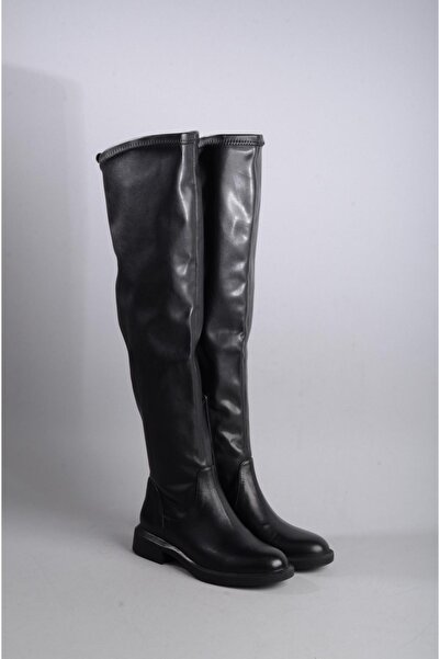 SEÇ KUNDURA SEÇ 1008 HAKİKİ DERİ STREÇ KADIN DİZÜSTÜ ÇİZME (Topuk Boyu: 3cm) SİYAH