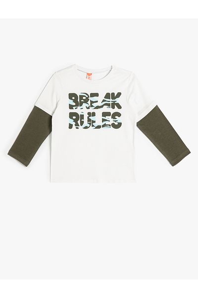 Koton Cotton Long Sleeve T-Shirt - Slogan Printed, Crew Neck