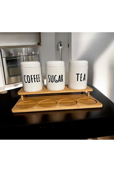 Ekincihome Ekinci Home Bamboo Stand Porcelain 7-Piece Spice Rack Set