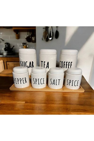 Ekincihome Ekinci Home Bamboo Stand Porcelain 7-Piece Spice Rack Set