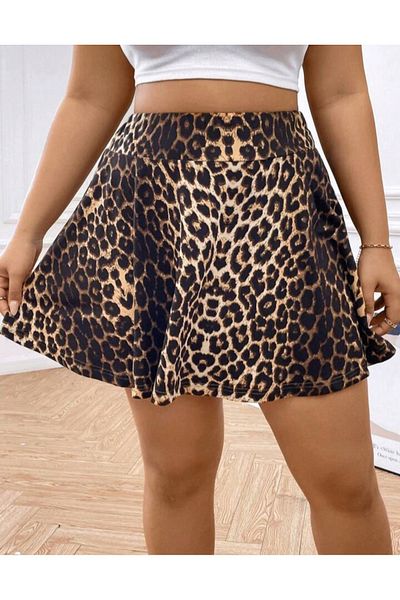 MAROVOAY Leopard Print Plus Size Mini Flared Skirt