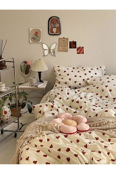 BESTİNA GOLD Red Double Heart Cotton Duvet Cover Set - Without Anvil
