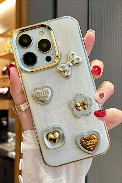 3GEN CASE Iphone 14 Pro Max Compatible 3D Stone Ribbon Butterfly Heart Embroidery Motif Hard Cover