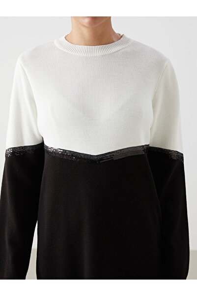 LC Waikiki LCWAIKIKI Classic Siyah Bisiklet Yaka Renk Bloklu Kadın Triko Elbise