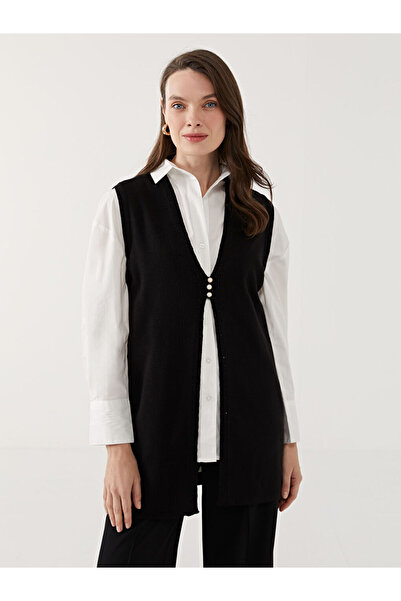 LC Waikiki Black V-Neck Stone Women's Knitwear Vest