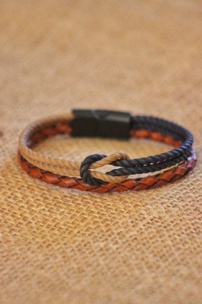 matleather Gerçek Deri Bileklik Örgü (KAHVERENGİ LACİVERT HALATLI) - Unisex