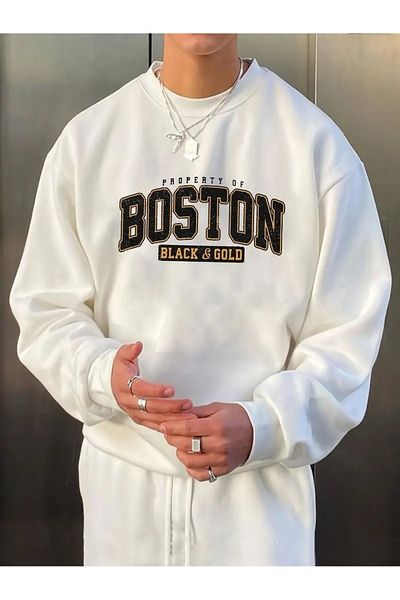 New Shine Μπλε Navy Blue Boston Printed Crew Neck Switshirt