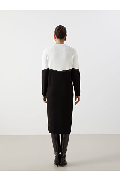 LC Waikiki LCWAIKIKI Classic Siyah Bisiklet Yaka Renk Bloklu Kadın Triko Elbise