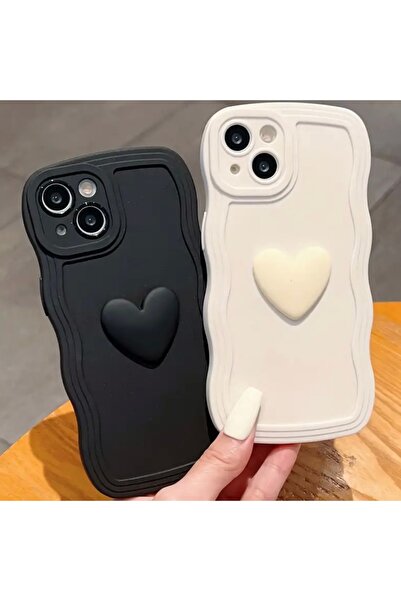 Atelier by Ece غطاء هاتف آيفون 14 بلون سادة + Love 14 - مقاوم للصدمات على شكل قلب (إكرو/بيج)