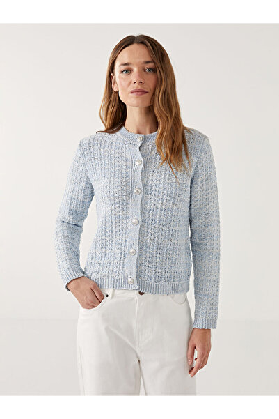 LC Waikiki Blue Crew Neck Plaid Women's Knitwear Cardigan